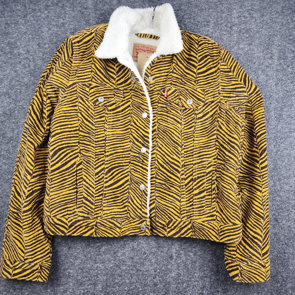 Levis Sherpa Trucker Jacket Womens M Yellow Tiger Print Corduroy Ex-Boyfriend